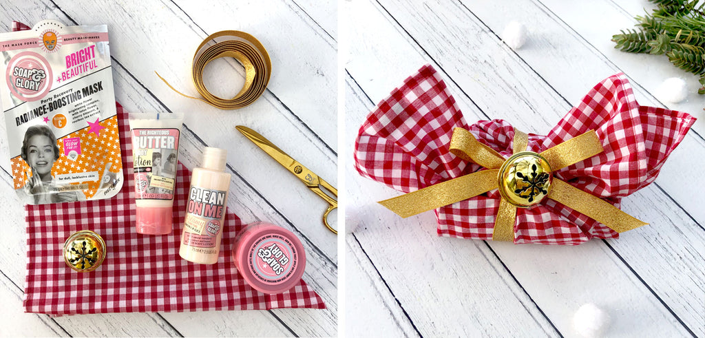 Beauty products wrapped in Gingham Bandana