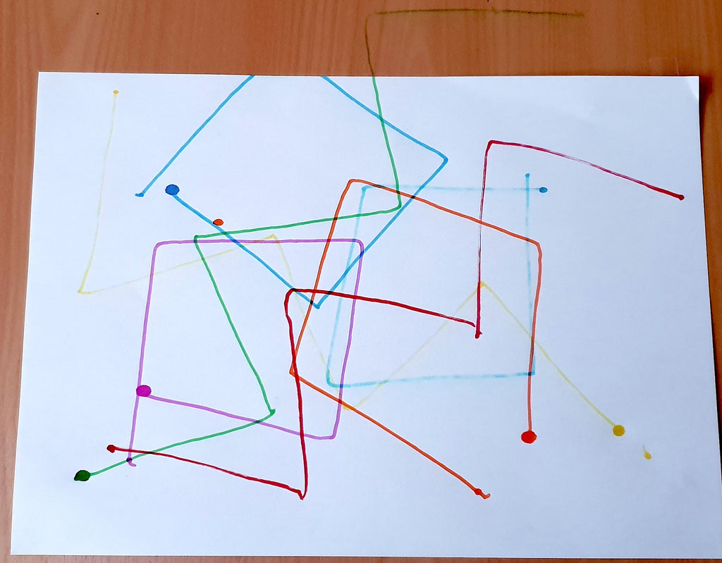 Image of a white paper with several scribbles on it in different colours