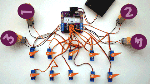 Looping video showing a Smartibot circuit board connected to 4 DC motors and 10 servo motors, all moving