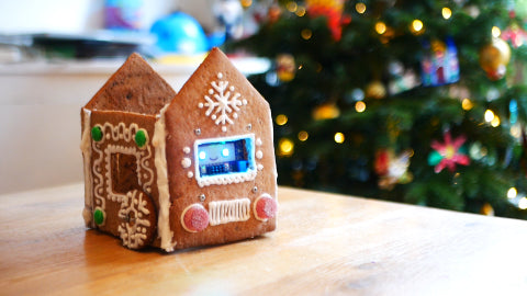 Image of a decorated gingerbread house, with a purple circuit board inside with blue light-up eyes.