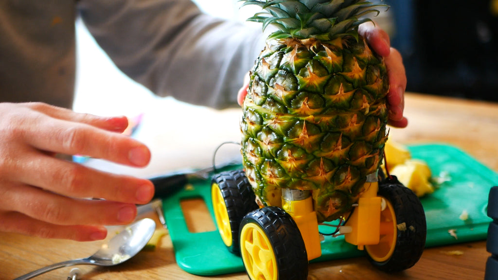 Pineapple robot standing on its wheels with top section in place