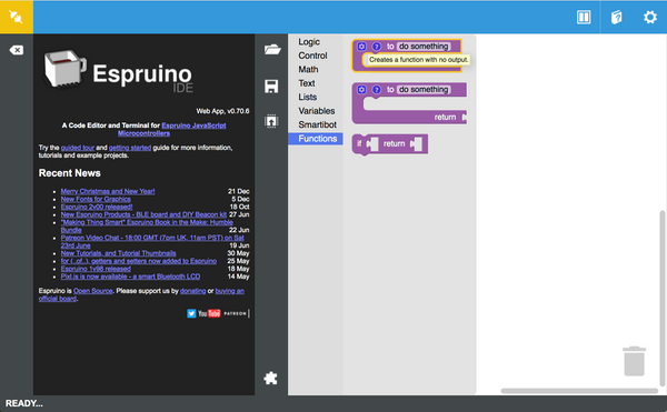 Espruino IDE showing the 'to do something' block being picked in the blocks editor