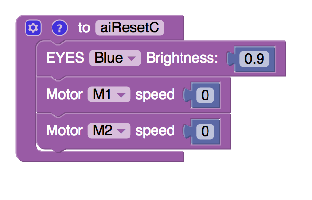 'aiReset' function block with blocks inside to set eye colour to blue and set M1 and M2 speed to 0