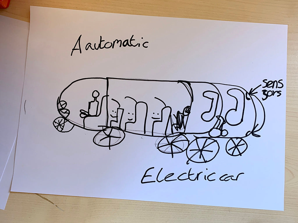 Child's drawing of an 'Automatic Electric Car' featuring seats for four people, lots of luggage space and 'sensors'