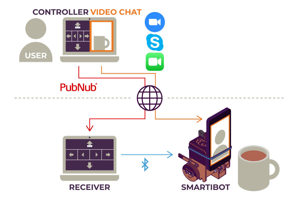 Diagram showing the elements of the Smartibot telepresence set-up described below