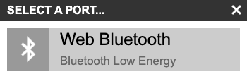 Pop up window titled 'SELECT A PORT...' showing an option called 'Web Bluetooth'