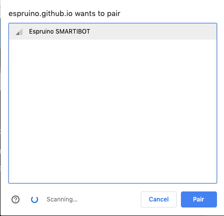 Pop-up window titled 'espruino.github.io wants to pair' with a Smartibot showing as an option