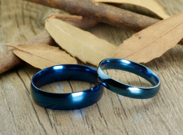 Handmade Blue Dome Plain Matching Wedding Bands, Couple Rings Set, Titanium Rings Set, Anniversary Rings Set