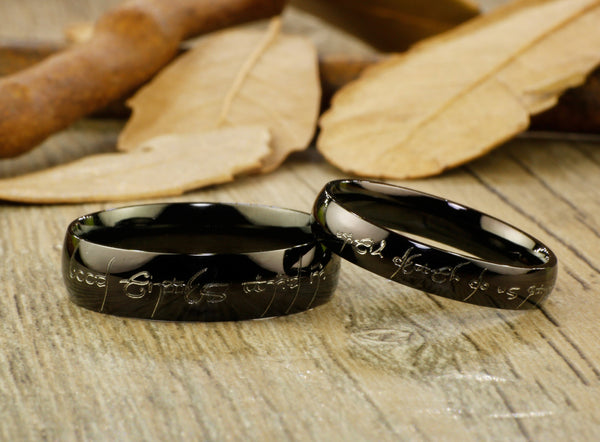 Handmade Black Dome shape Custom Your words in Elvish, Lord of the Rings , Matching Wedding Bands, Couple Rings Set, Titanium Rings Set, Anniversary Rings Set