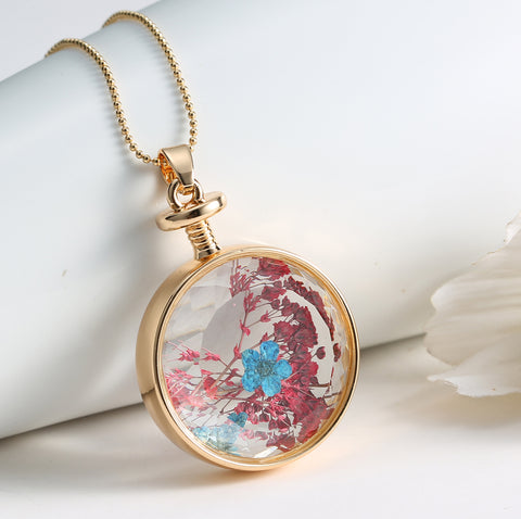 Dried Blue and Red Flower Gold Necklace