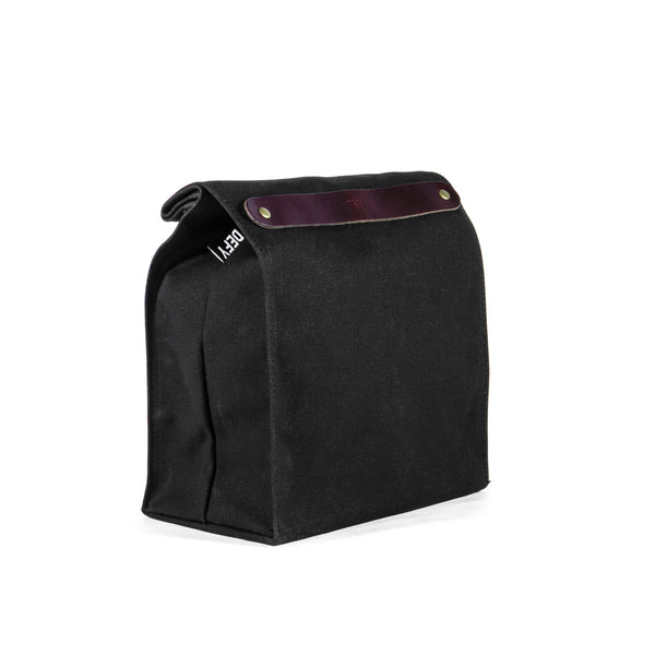 black leather lunch bag