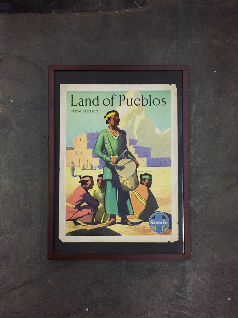 Framed Art Vintage Santa Fe Railroad Poster, "Land of Pueblos, New Mexico"