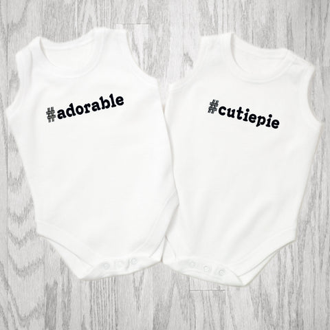 hashtag adorable and cutiepie baby shirts for twin boys by BubbleGumDish.com