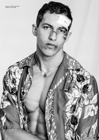 Christos Katsavo wears Legier abalone pendant necklace in HURT for Client Magazine! Photography by Ivan Bideac. Styled by Taylor Brechtel. Makeup by Lindsey Williams.