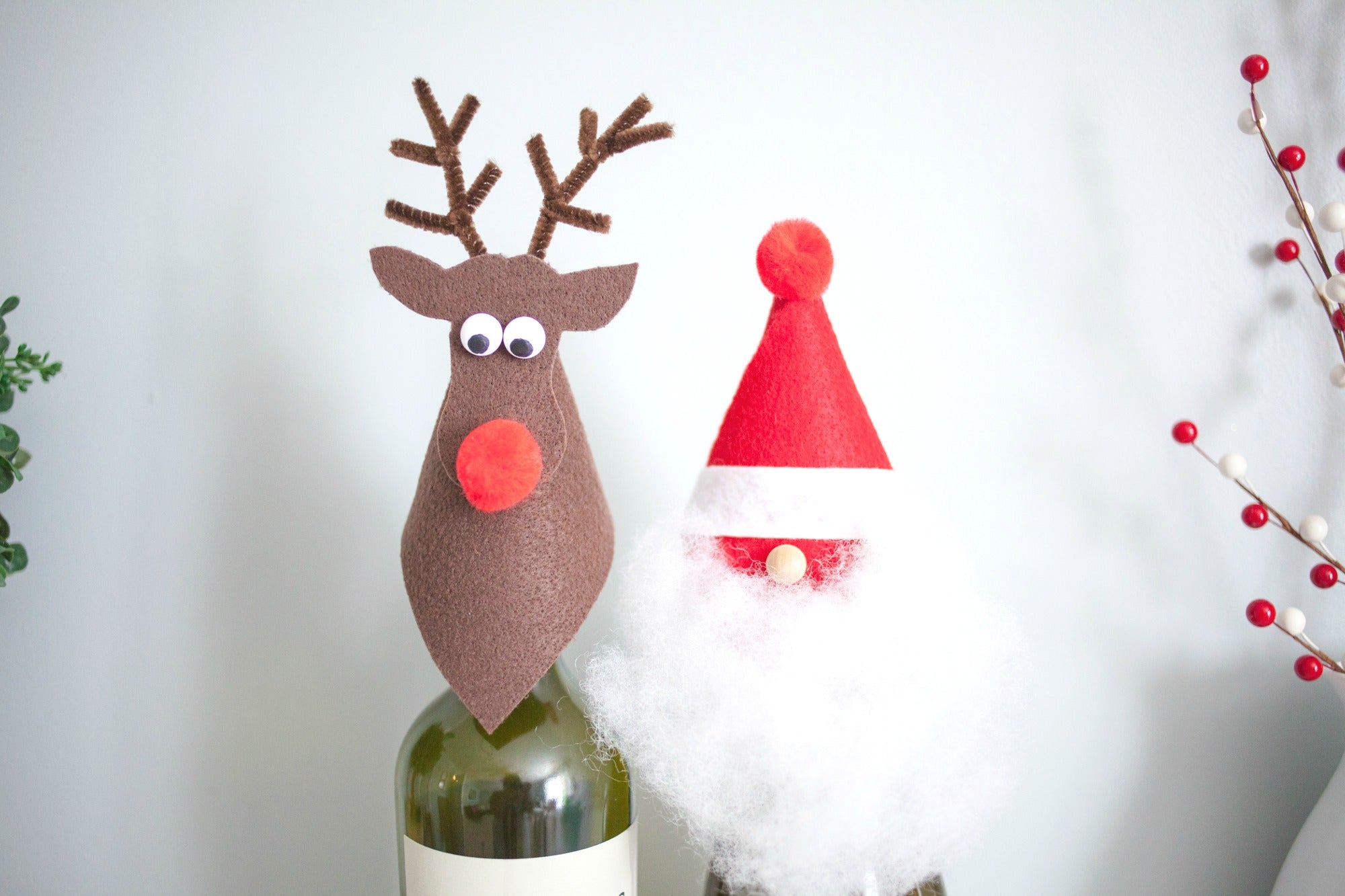 DIY Santa and Rudolph Wine Toppers