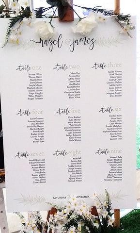 'Lanes' wedding seating chart with a leaf design