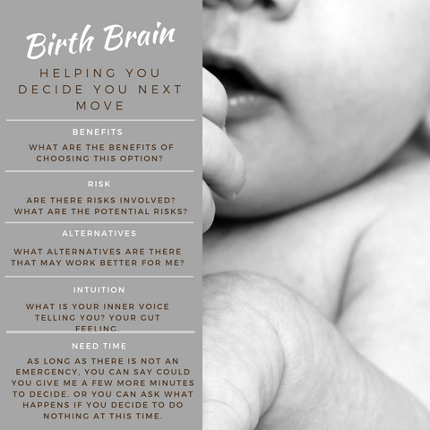 Infographic for Brain. Birth Brain- helping you decide your next move. “B”ENEFITS -  what are the benefits of choosing this option?  “R”ISKS -  Are there risks involved? What are the potential risks?  “A”LTERNATIVES - What alternatives are there that may work better for me?   “I”NTUITION-  What is your inner voice telling you? Your gut feeling.  “N”EED TIME/NOTHING – As long as there is not an emergency, you can say could you give me a few more minutes to decide. Or you can ask what happens if you decide to do nothing at this time. To the side of text is a black and white photo partially showing a newborn baby. Half of face with hand in seen. 