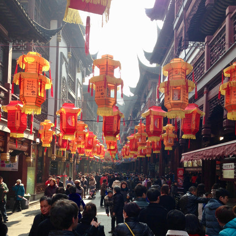 A busy lantern lined street during the festival
