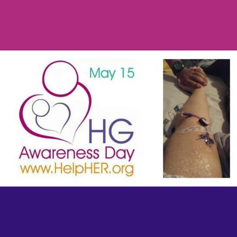 Banner with www.helpher.org logo [pink heart with head symbolizing mother, purple heart with head symbolizing baby inside of mother. Text- May 15 HG Awareness Day www.helpher.org] photo of authors arm with pic line, hand being held by supportive caregiver wearing a watch. 