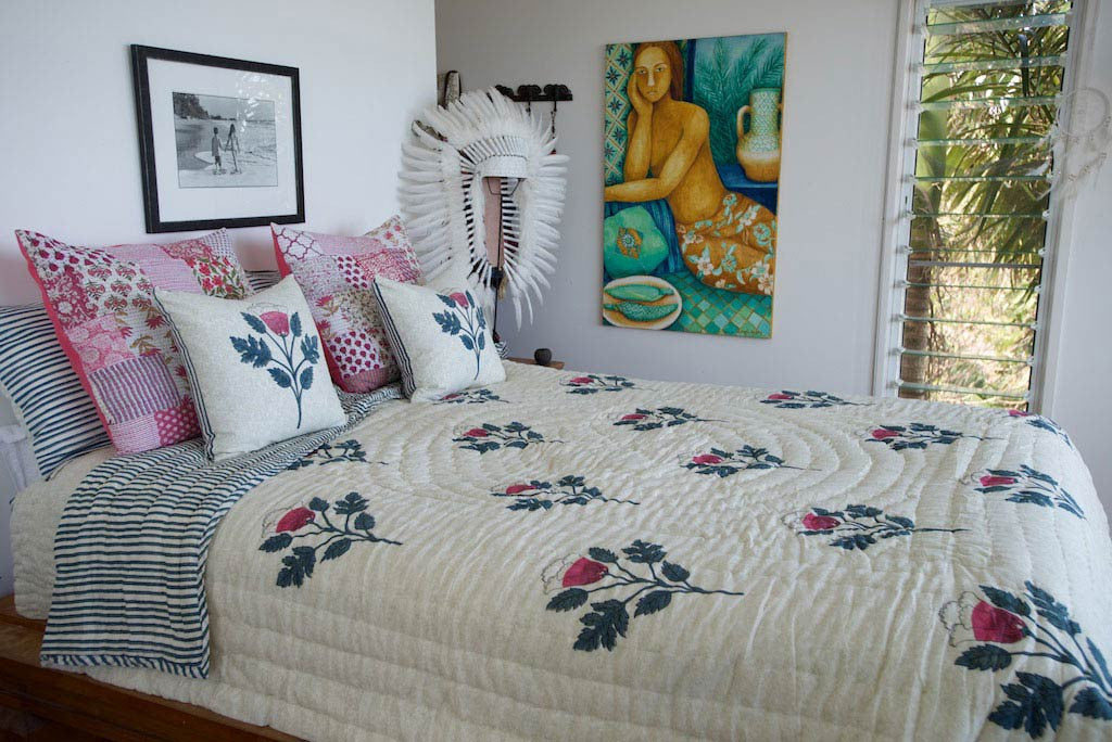 Hand Block Printed Bedspread Queen Indian Cotton Floral Love