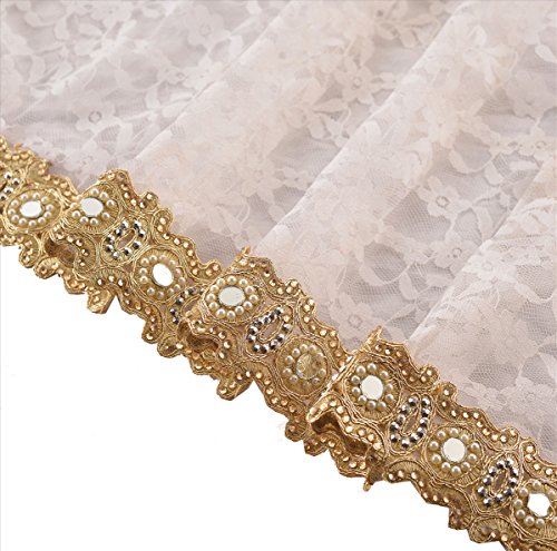 Hand Beaded Bridal Border 1 YD Trim Golden Craft Lace Mirror Work Pearl Beads 