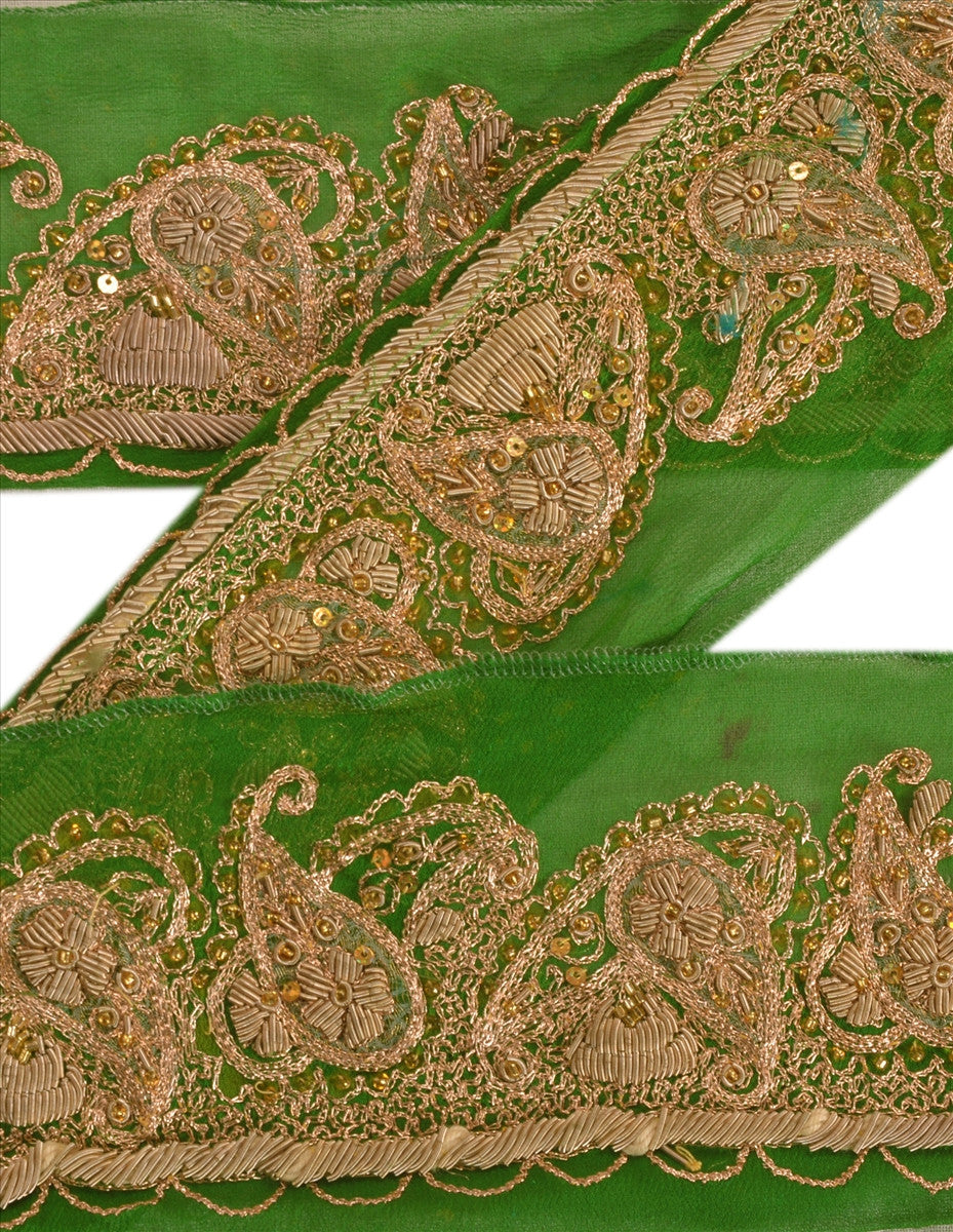 Sanskriti Vintage Sari Border Antique Hand Embroidered  Trim Sewing Green