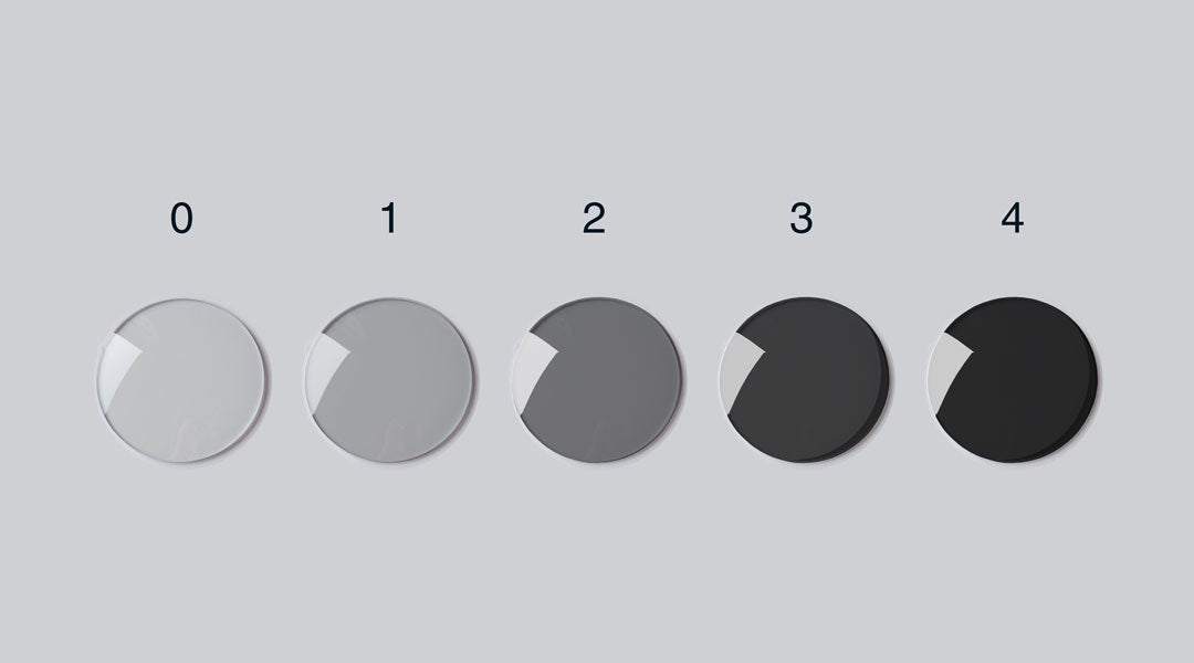 5 sunglasses lenses with different levels of tint darkness