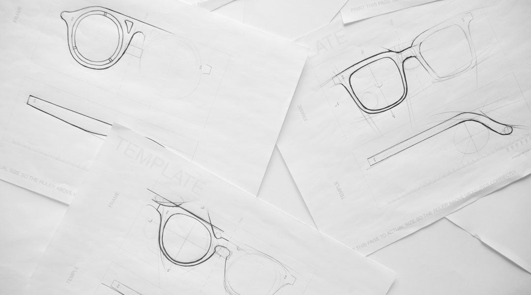 Multiple sketches of sunglasses frames using a printed design template