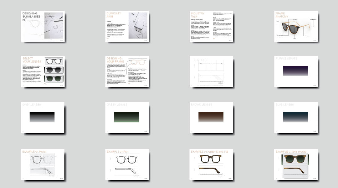 Pages of a PDF guide to designing sunglasses laid out in a tile formation