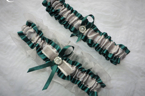Hunter Green and Silver Garter Set, Ribbon Garter, Prom Garter, Bridal Garter, Wedding Garter