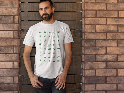 iconspeak camping t-shirt with 39 icons