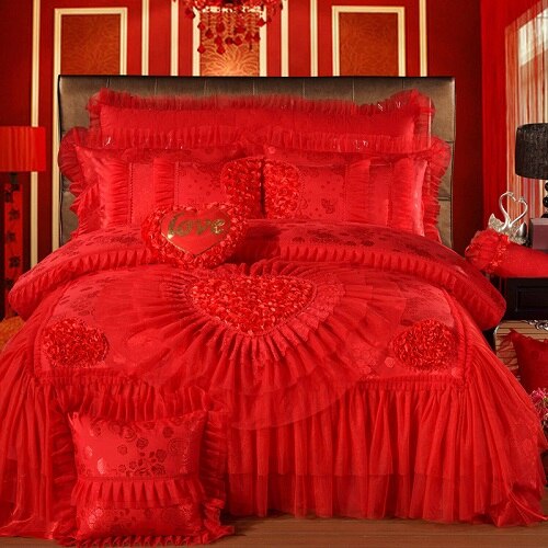 Oriental Lace Red Pink Wedding Luxury Royal Bedding Set Queen King