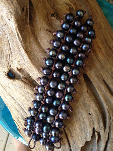 Four Row Black Peacock Pearls and Leather Cuff Style Bracelet