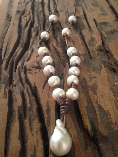 Freshwater Baroque & Fireball Pearl and Leather Necklace