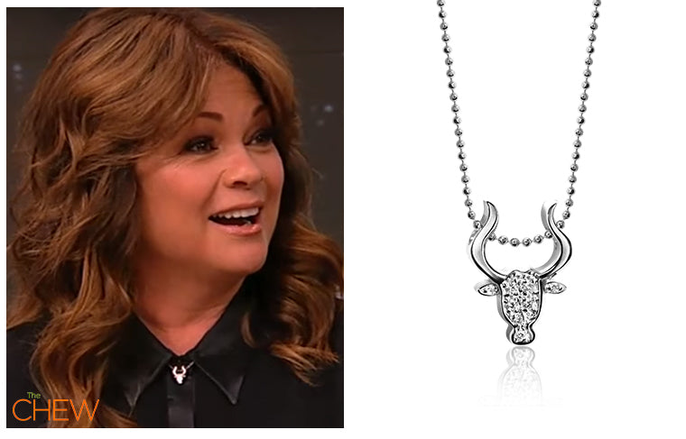 Valerie Bertinelli on The Chew promoting her latest book wearing our Alex Woo Little Signs Bull in 14kt White Gold with Diamonds