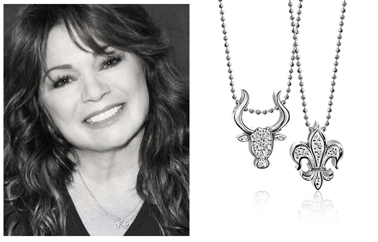 Valerie Bertinelli promoting her latest book wearing our Alex Woo Little Signs Bull and Little Faith Fleur de Lis in 14kt White Gold with Diamonds
