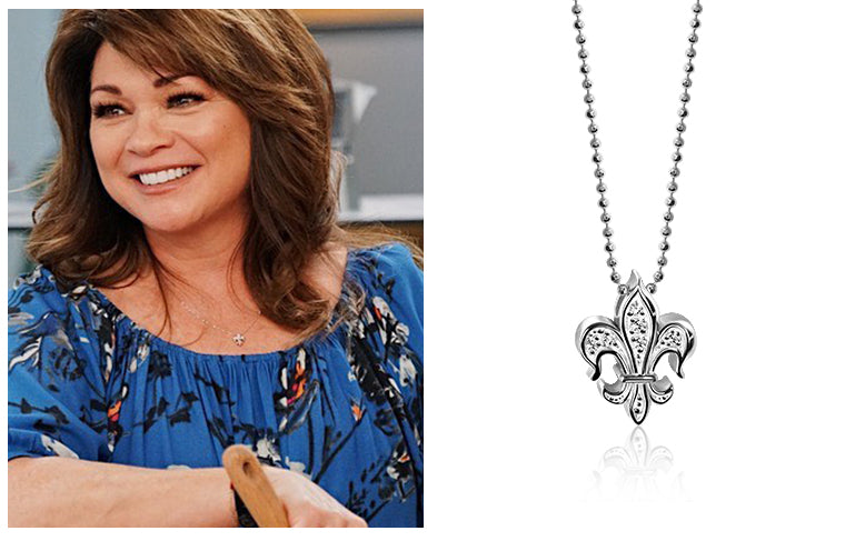 Valerie Bertinelli wearing Alex Woo Little Faith Fleur de Lis in 14kt White Gold with Diamonds