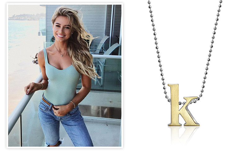 Bachelor in Paradise contestant Kristina Schulman wearing Alex Woo Little Letter K in two-tone 18kt Yellow Gold and Sterling Silver