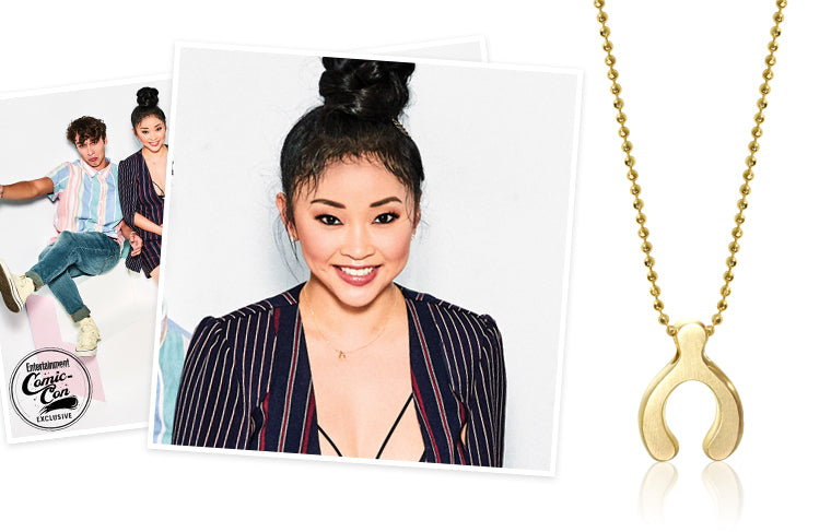 Lana Condor at San Diego Comic Con wearing Alex Woo Little Luck Wishbone in 14K Yellow Gold