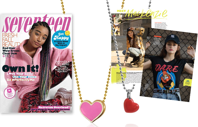 Mackenzie Foy wearing Alex Woo Little Vegas Heart and Mini Addition Heart in Oct Nov issue of Seventeen Magazine