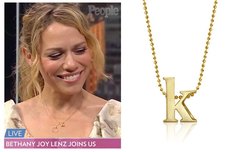 Pearson Actress, Bethany Joy Lenz, wearing Alex Woo Little Letter K during People Now interview 