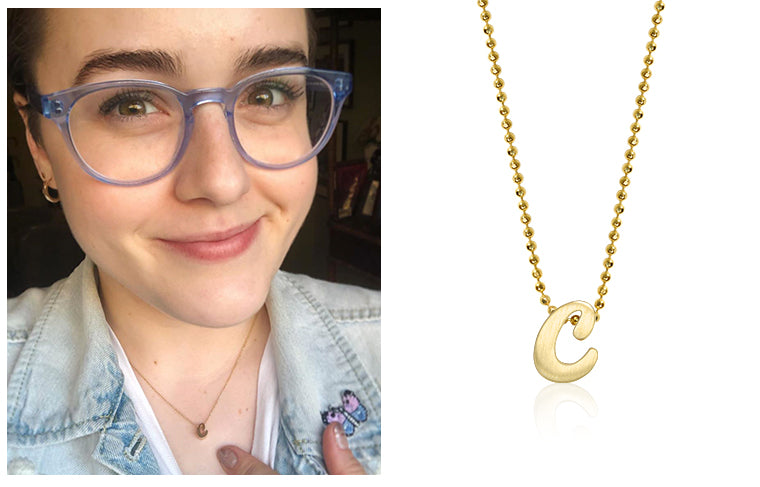 Tony Award Nominee and Actress Caitlin Kinnunen wearing Autograph Letter C in 14kt Yellow Gold