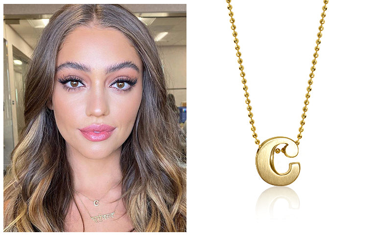 Netflix's Tall Girl's Actress Clara Wilsey wearing Alex Woo Little Letter C in 14kt Yellow Gold