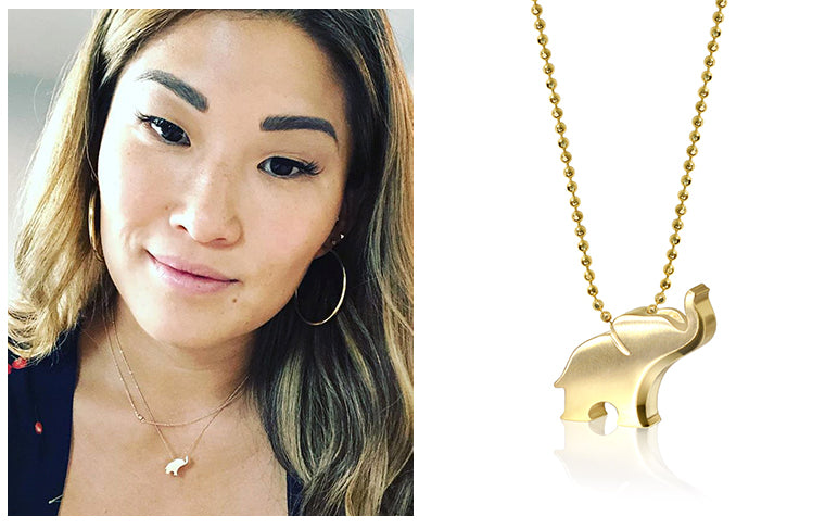 Musical Actress Jenna Ushkowitz wearing Alex Woo Little Luck Elephant in 14kt Yellow Gold