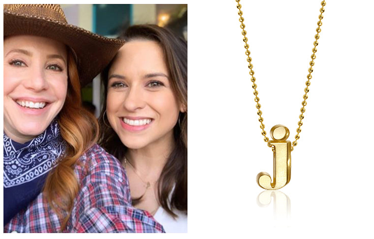 Actress Lacey Chabert wearing Alex Woo Little Letter J in 14kt Yellow Gold
