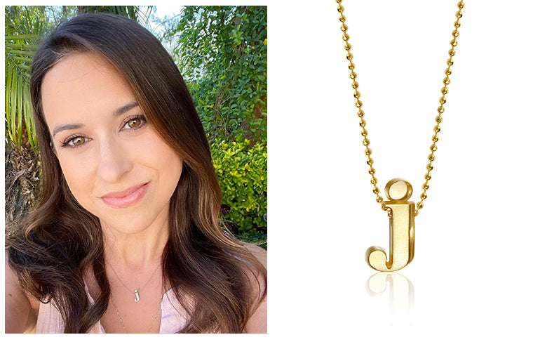 Lacey Chabert wearing Alex Woo Little Letter J in 14kt Yellow Gold