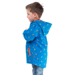 Skipper Boys Waterproof Jacket in Bright Blue Boat, Modelled Front View | Lighthouse