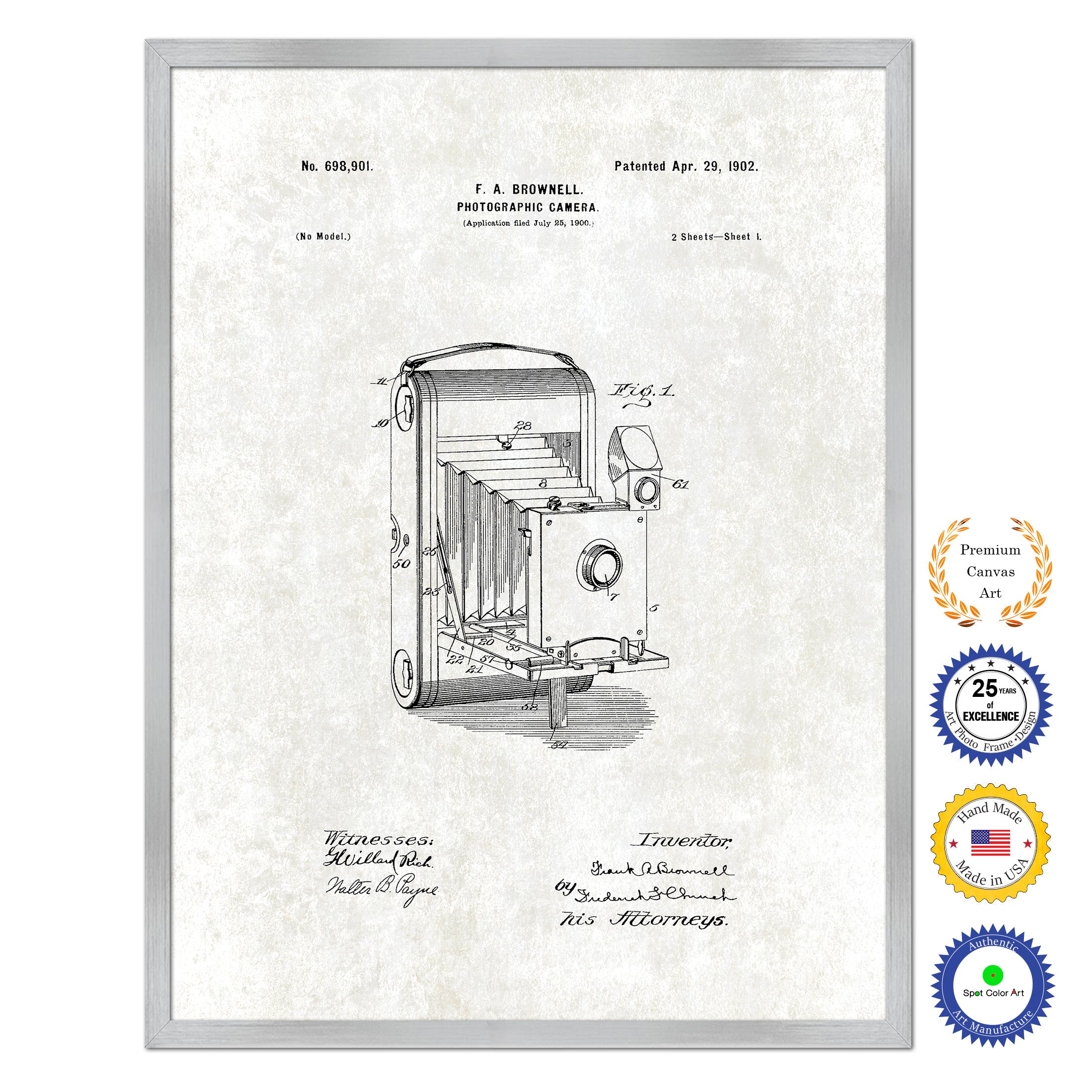 1902 Photographic Brownie Camera Antique Patent Artwork Silver Framed Canvas Print Home Office Decor Great Gift for Photographer