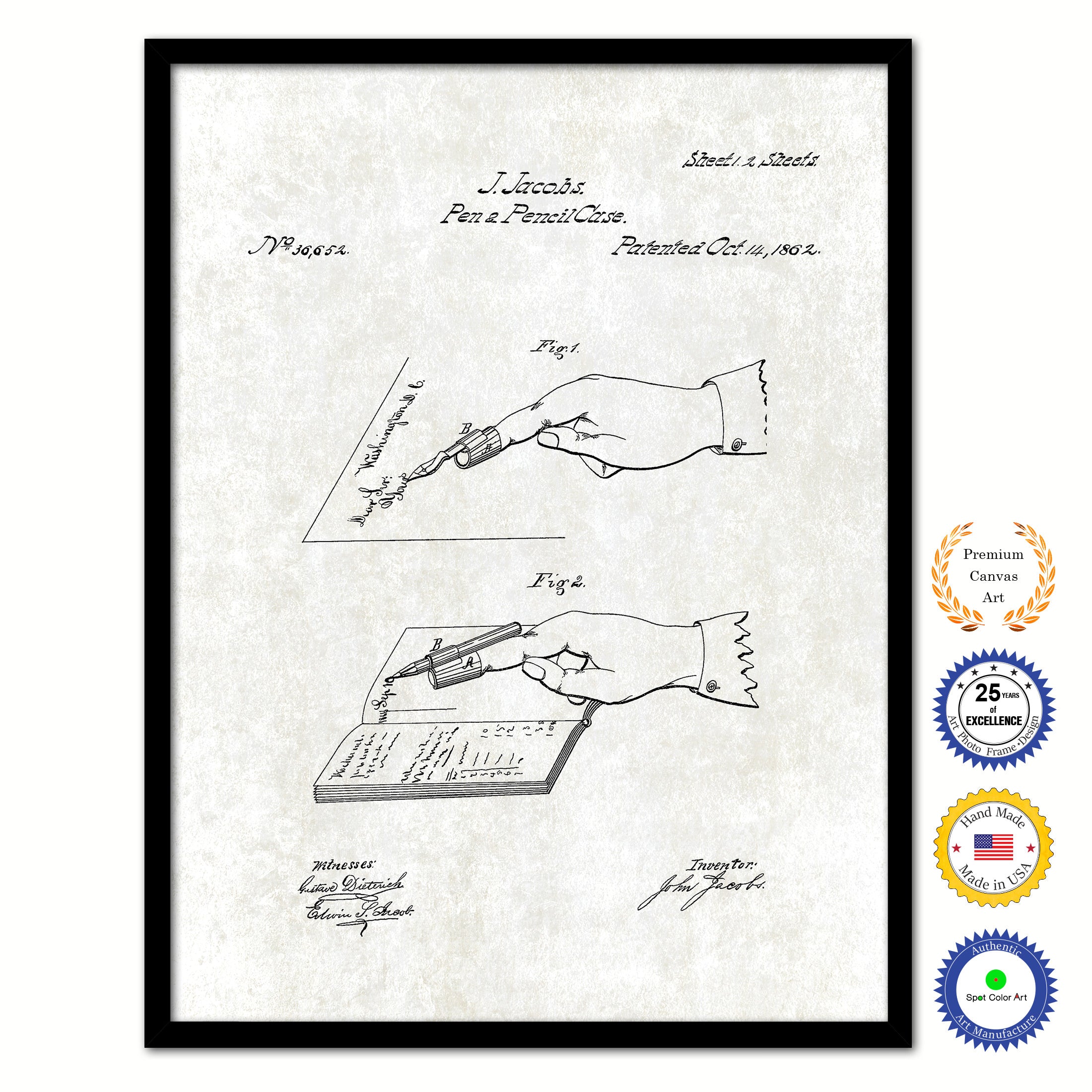 1862 Pen and Pencil Case Old Patent Art Print on Canvas Custom Framed Vintage Home Decor Wall Decoration Great for Gifts