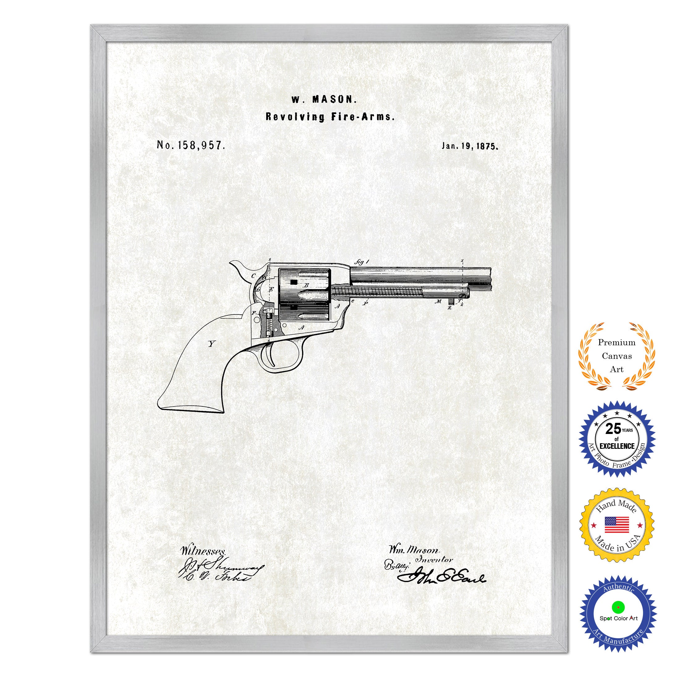 1875 Revolving Fire Arms Old Patent Art Print on Canvas Custom Framed Vintage Home Decor Wall Decoration Great for Gifts